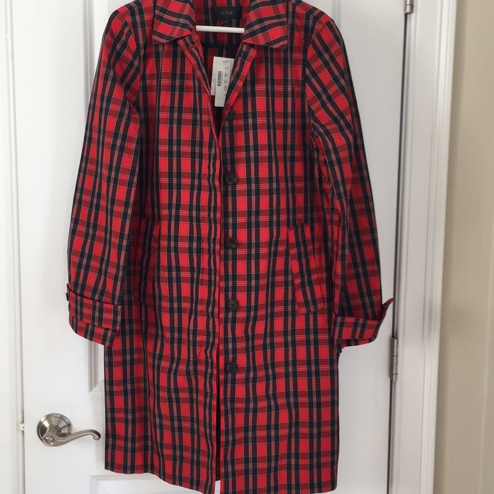 J Crew Red Plaid Trench Coat